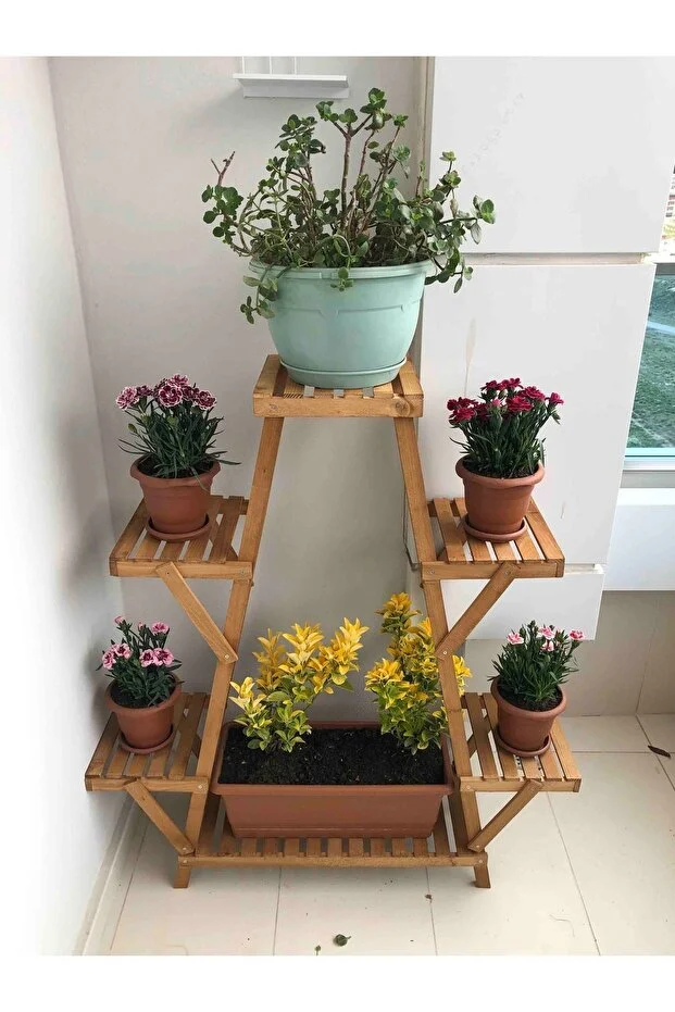 Ahşap Ceviz Renkli Çiçeklik Havluluk Raf Saksılık